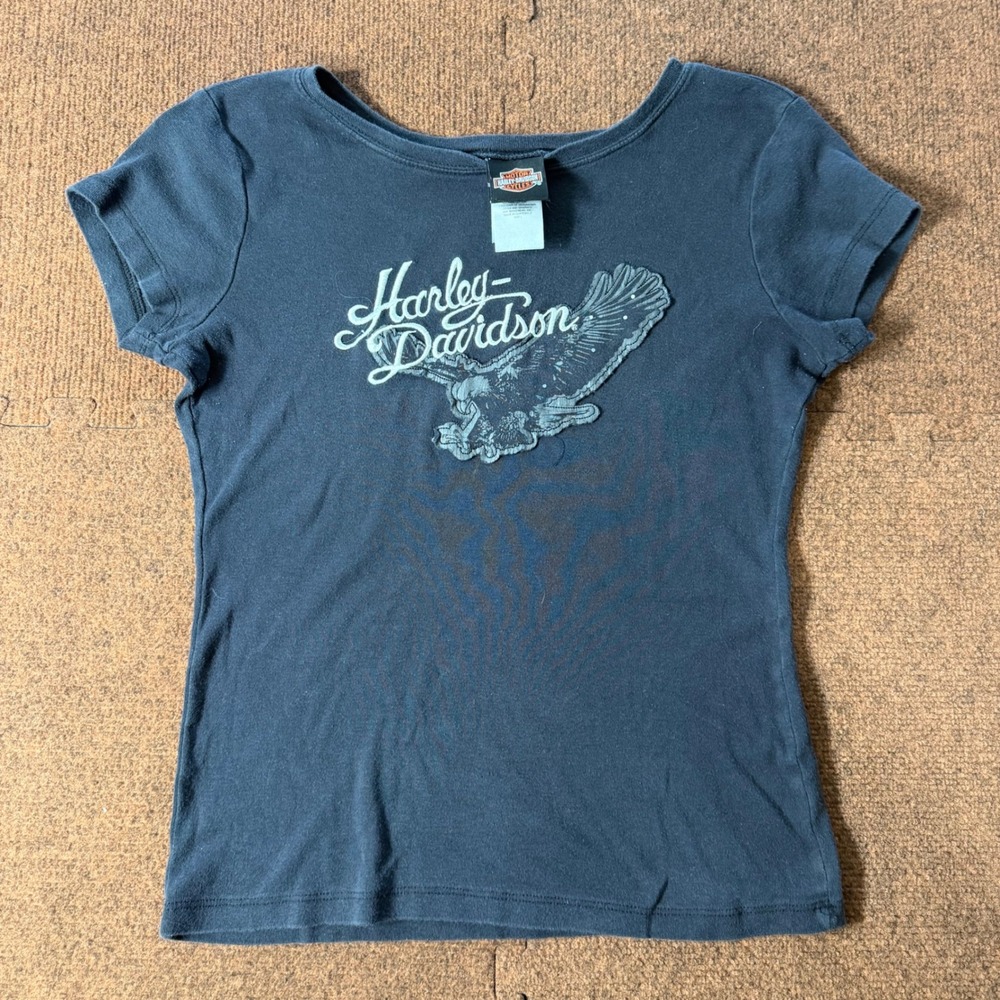 A+‎ Harley Davidson Womens Eagle Graphic T-Shirt Black Sandys Fremont MI Large
